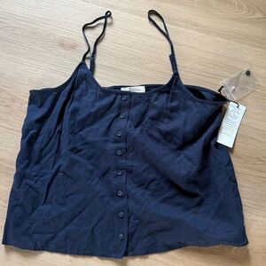Nordstrom Treasure & Bond Linen Blend Button Front Tanks Navy Sz M NEW